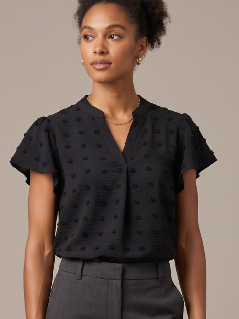 NWOT | Black Swiss Dot Flutter Sleeve V-Neck Textured Pom Pom Blouse | Large